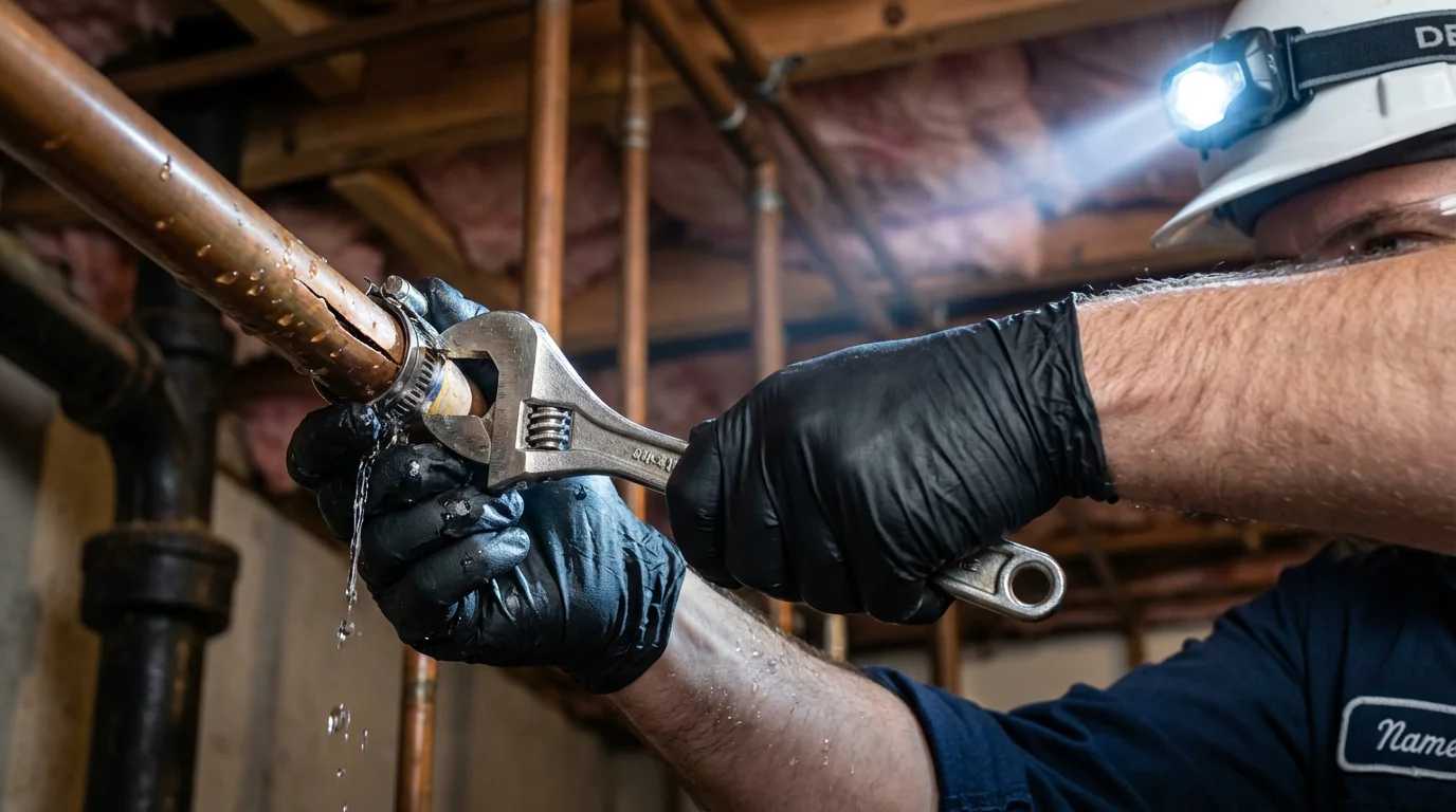Emergency pipe clamp repair being performed by a Johns Plumbing LLC plumber in Mazomanie
