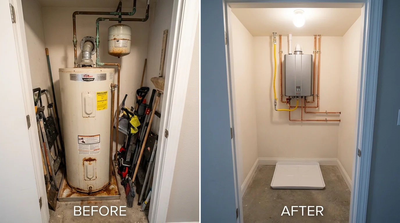 Tank water heater versus wall-mounted tankless unit comparison for Mazomanie, WI homeowners