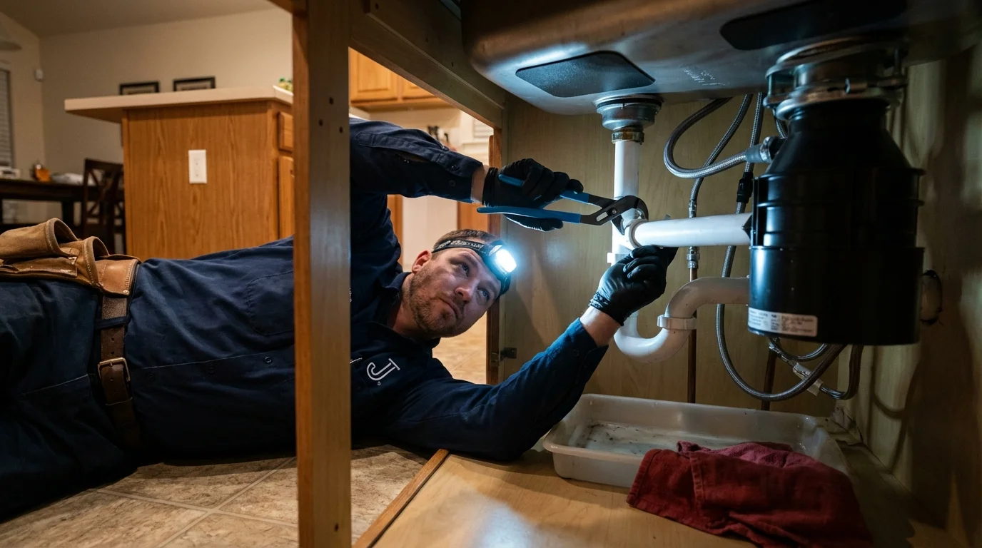 P-trap and supply line connections under a kitchen sink showing a common leak point in Mazomanie, WI